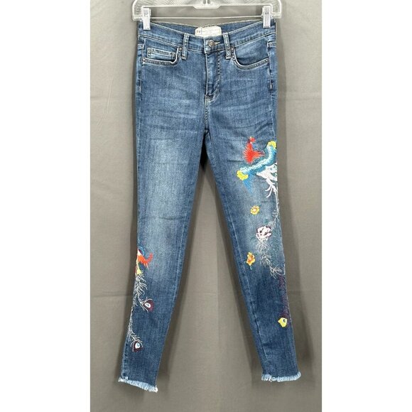 Free People Jeans Women 25 Embroidery Peacock Floral Raw Hem Mid Rise Denim Boho - Picture 1 of 11